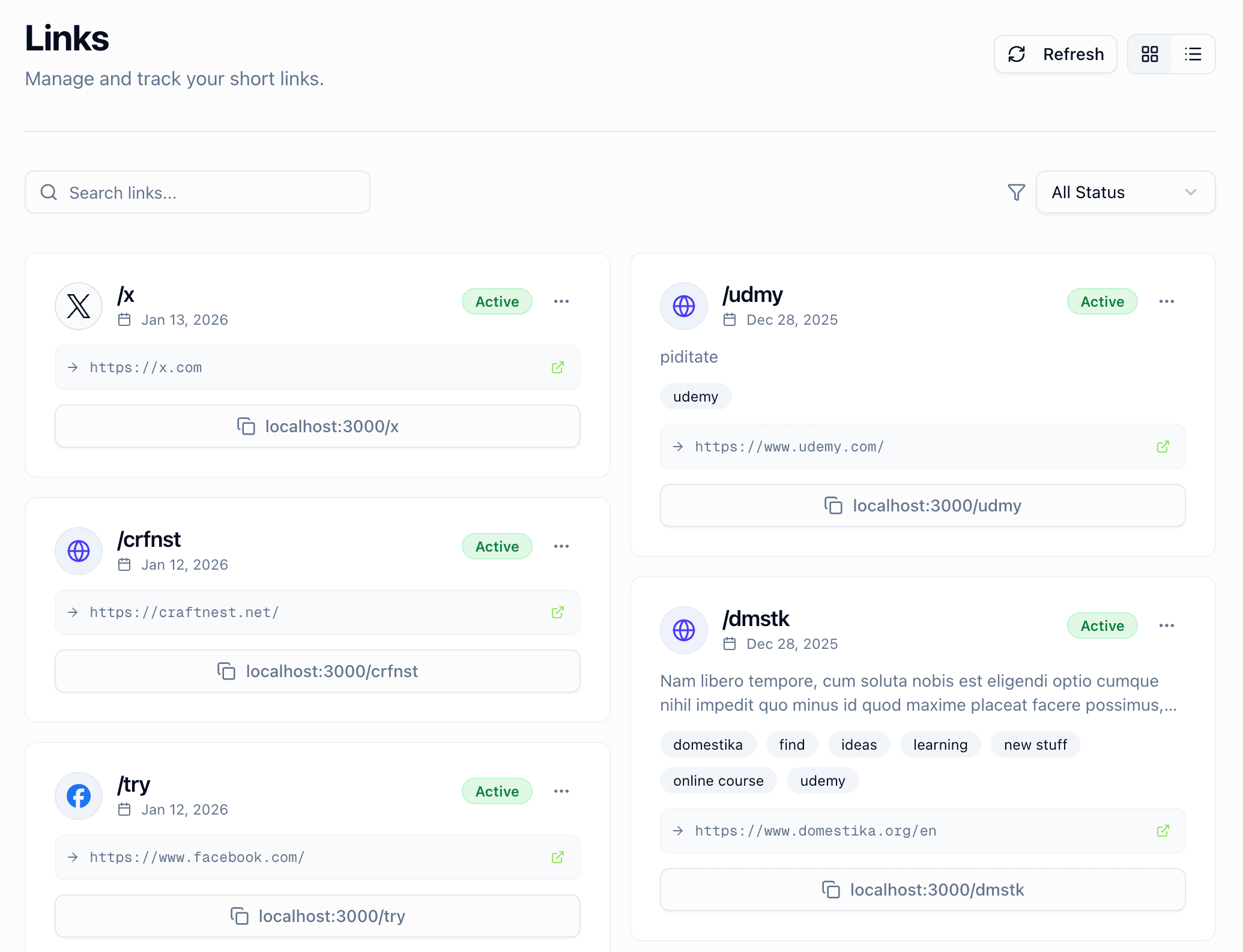 Manage links interface